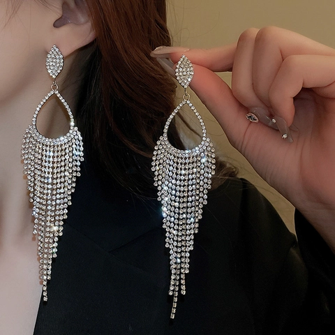 Long Tassel Rhinestone Earrings Copper Teardrop Dangle Jewelry With 925 Sterling Silver Earring Post Luxury For Women Party