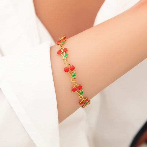 Bracelet À Charmes Cerise Plaqué Or 18K Acier Inoxydable Émail Bijoux Fruits Bohème Mode Cadeau Pour Femmes