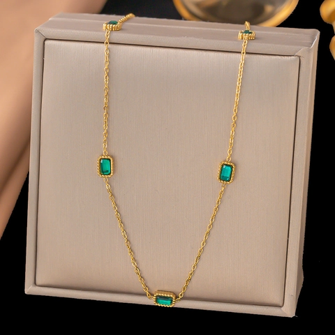 Square Emerald Zircon Jewelry Stainless Steel Gold Plated Necklace And Bracelet For Women Vintage Luxury
