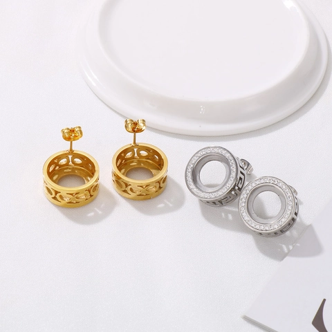 Edelstahl Runde Stecker Ohrringe Mit Strass Zirkon Hohl Geometrisches Muster Für Damen Modischer Schmuck