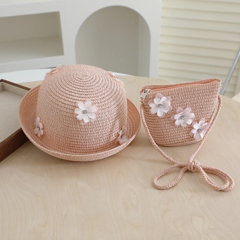 Sombrero De Paja De Verano Para Niños Y Bolso Bandolera Floral A Juego Protección Solar Transpirable Estilo Princesa