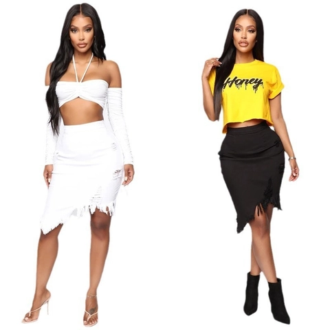 Damen Jeansrock Hohe Taille Distressed Zerrissen Unregelmäßig Fransen Saum Slim Fit Lässig Streetwear Bodycon Rock