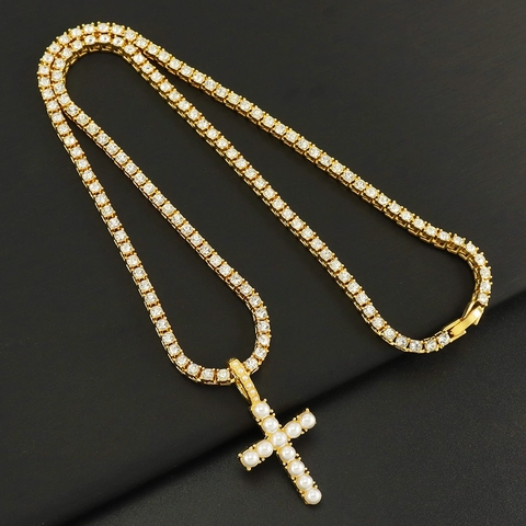 Cross Pendant Necklace Alloy Rhinestone Tennis Chain With Artificial Pearls Hip Hop Iced Out Jewelry For Men Women