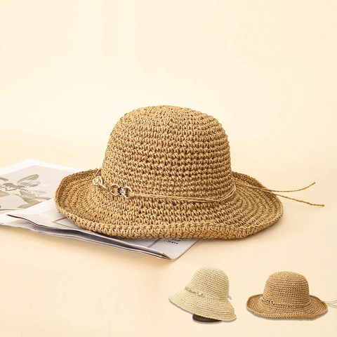 Cappello Da Sole In Paglia Fatto A Mano Con Decorazione A Catena In Metallo Tesa Larga Traspirante Stile Vacanza Al Mare Per Donna