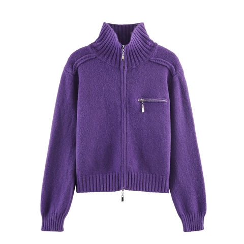 Damen Strickjacke Pullover Voller Reißverschluss Stehkragen Langarm Gerippte Bündchen Lässiger Cardigan Mit Tasche