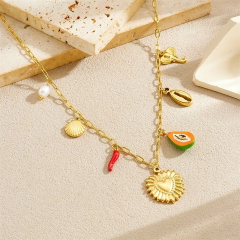Gold Plated 304 Stainless Steel Multi Charm Necklace For Women Vintage Boho Heart Sun Flower Star Sacred Heart Pendant
