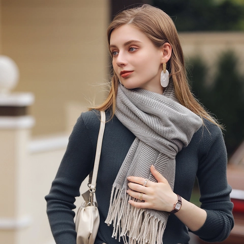 Women Winter Scarf Faux Cashmere Herringbone Pattern Tassels Warm Soft Long Pashmina Wrap Solid Color