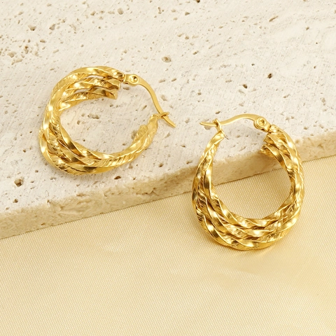 Meerlaagse Gedraaide Touw Ring Oorbellen 18K Verguld Roestvrij Staal Geometrisch Vintage Franse INS Stijl Voor Vrouwen