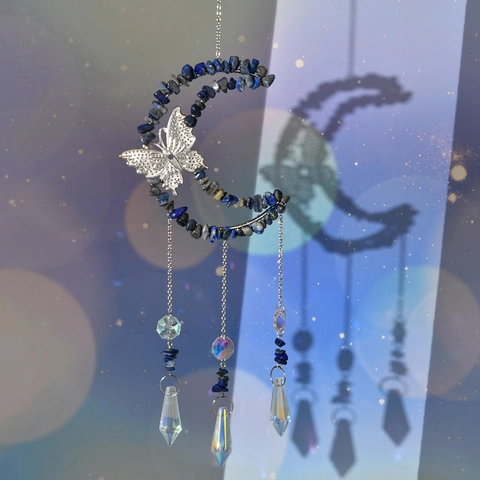 Crystal Stone Moon Butterfly Suncatcher With Prism Hanging Wind Chime For Garden Window Home Decor Healing Stone Ornament