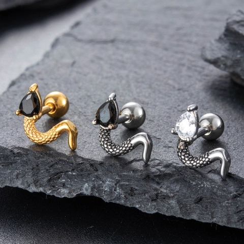 Snake Shape Zircon Stainless Steel Cartilage Piercing Earring Screw Back Stud Jewelry For Men Women