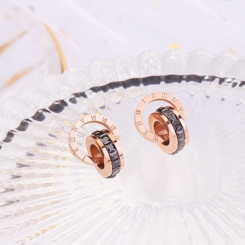 Roman Numeral Double Interlocking Ring Stud Earrings Titanium Steel Rose Gold Plated Cubic Zirconia Trendy For Women