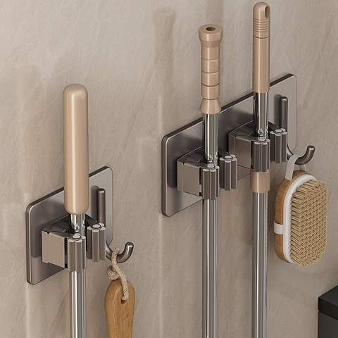 Porta Scopa E Mocio Organizzatore Da Parete Acciaio Inossidabile 304 Adesivo Senza Foro Robusto Bagno Cucina Grigio