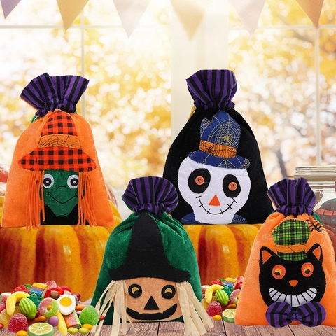 Halloween Drawstring Candy Bags Velvet Fabric Gift Pouches For Trick Or Treat Party Cartoon Witch Pumpkin Skeleton Cat