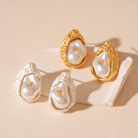 Pendientes De Botón Geométricos Irregulares Vintage Francés Con Perla Barroca Artificial De Imitación Y Poste De Plata