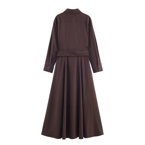 Elegante Abito A Camicia In Poliestere A Maniche Lunghe Per Donna Abito Maxi A Linea Con Cintura Completo Da Ufficio Casual