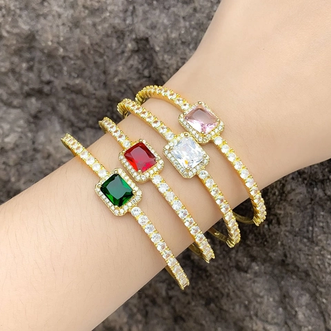 Elegant Square Zircon Open Cuff Bracelet Copper Gold Plated Emerald Cut Geometric Bangle For Women Light Luxury Jewelry