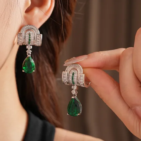 Vintage Art Deco Tropfenohrringe Smaragdgrün Zirkon Kupfer Mit Silbernem Ohrstecker Luxus Mode Damen