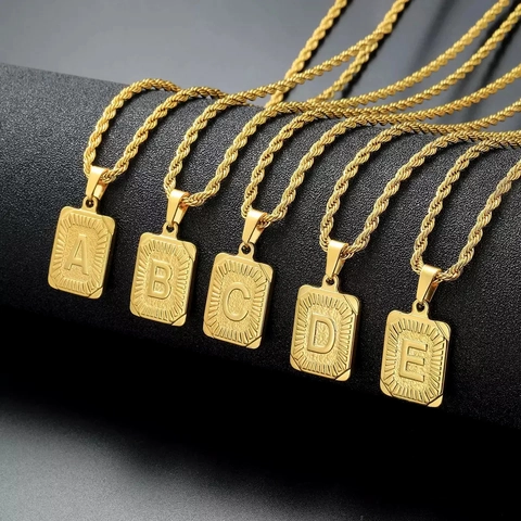 Edelstahl Alphabet Initial Quadrat Anhänger Halskette Für Herren Hip Hop Gold Silber Seilkette Buchstaben Kette Schmuck