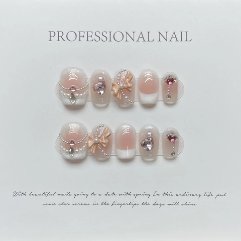 Uñas Postizas Hechas A Mano Degradado Rosa Blush French Tip Con Lazo Corazón De Diamantes De Imitación Perlas Artificiales Estilo Dulce