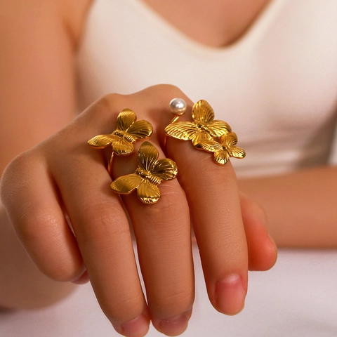 Verstellbarer Schmetterlingsring Aus Edelstahl Goldbeschichtet Mit Kunstperlen Elegantes Schmuckgeschenk Für Damen