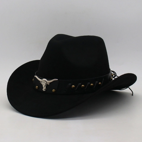 Western Cowboy Hat Polyester Felt Vintage Jazz Cap With Bull Head Metal Buckle Rivet Leather Band Retro Wide Brim