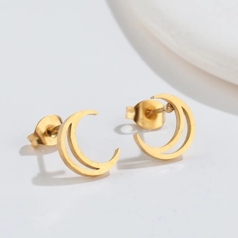 Stainless Steel Hollow Crescent Moon Stud Earrings For Women Minimalist Geometric Double Layer Jewelry