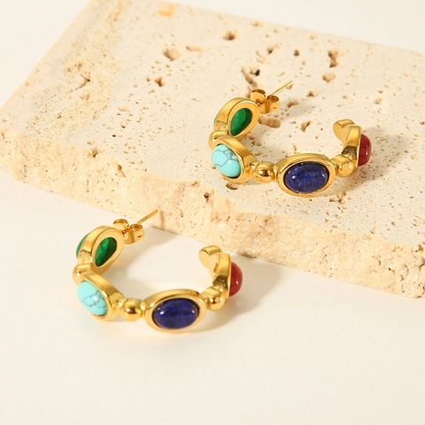Vintage Stainless Steel C-Shaped Hoop Earrings For Women Gold Plated Inlaid Natural Colorful Stone Light Luxury Jewelry