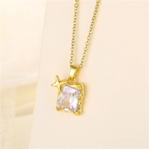Stainless Steel Necklace Gold Plated Rectangle Zircon Pendant Star Accent Minimalist Elegant Jewelry For Women