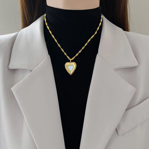 Collar Con Colgante De Corazón Acero Inoxidable Incrustación De Concha Chapado En Oro Cadena De Clavícula Joyería Minimalista Mujer
