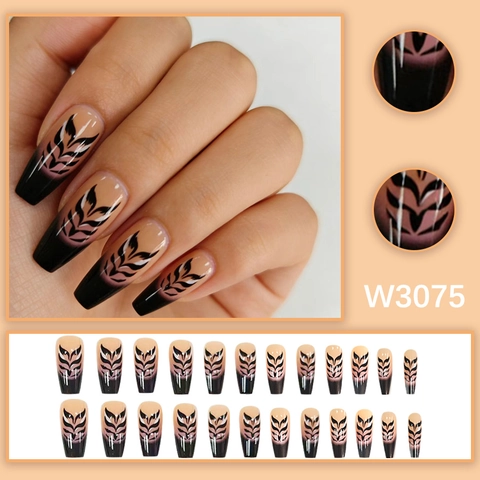 Long Coffin Press On Nails Nude Black Ombre Wheat Ear Leaf Pattern French Style Minimalist Glossy Plastic False Nails