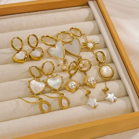 Boucles D'oreilles Acier Inoxydable Plaqué Or 14K Nacre Cœur Étoile Géométrique Bijoux Élégants Pour Femmes