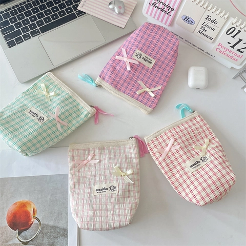 Plaid Bow Cosmetic Bag Polyester Puckered Fabric Travel Toiletry Pouch Cute Japanese Style Organizer Bag