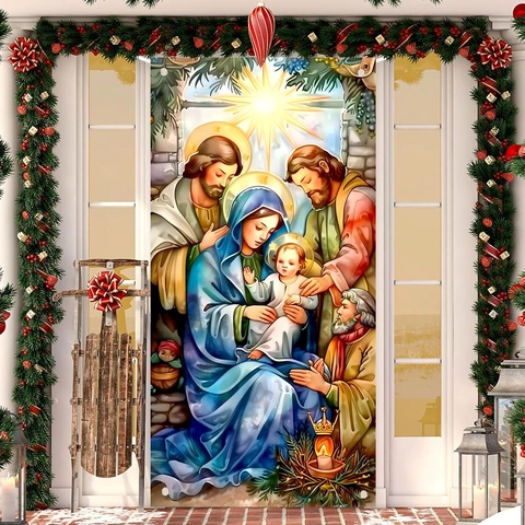 Christmas Door Flag Banner Polyester Nativity Scene Holy Family Outdoor Yard Hanging Mural Holiday Decor