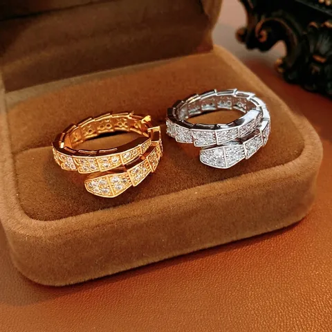 Snake Open Ring Copper With Full Zircon Inlay Scale Texture Adjustable Finger Jewelry For Women Trendy Luxury Fashion