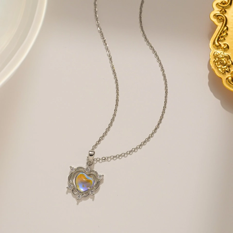 Elegant Heart Pendant Necklace Titanium Steel Colorful Aurora Crystal Zircon Clavicle Chain Jewelry Gift For Women