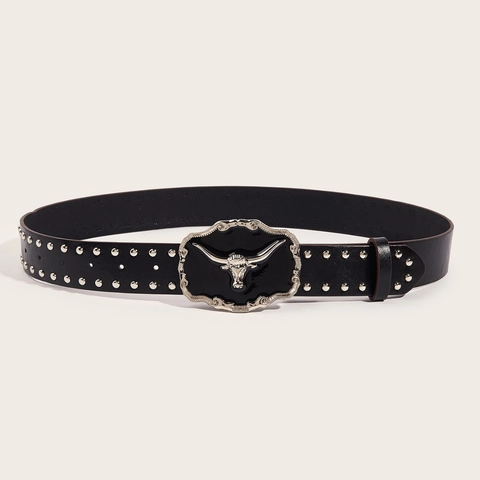 Vintage Western Punk Bull Head Studded Belt For Women Men PU Leather Black Waist Belt Silver Rivet Wide Jeans Accessory