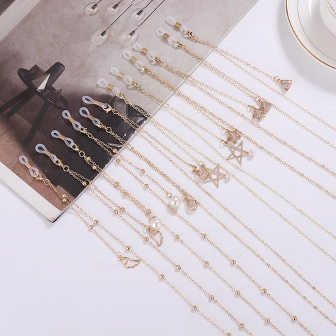 Gouden Brillenkoord Titanium Staal Brillenriem Voor Dames Met Kunstparel Ster Geometrische Hanger Antislip Verstelbare Houder
