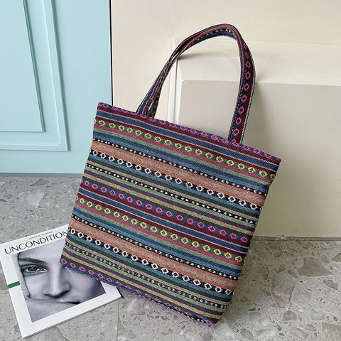 Sac Tote en Toile pour Femmes Motif Hibou Style Ethnique Grande Capacité Sac à Épaule Bohème à Rayures Décontracté