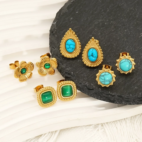 Vintage Stud Earrings 18K Gold Plated 304 Stainless Steel Turquoise Cat Eye Stone Waterproof Hypoallergenic Elegant