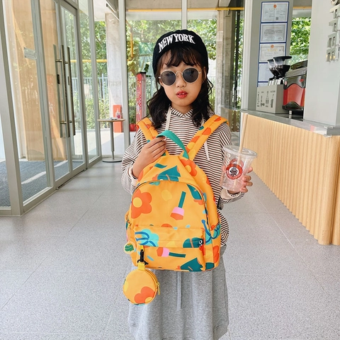 Mochila Infantil De Nylon Ligera Bolsa Escolar Para Niñas Jardín De Infancia Estampado Floral Lindo Con Monedero
