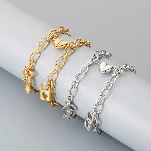 Bracciali A Catena In Acciaio Inossidabile Con Chiusura Magnetica A Cuore Ciondoli Lucchetto E Chiave Per Coppie Regalo