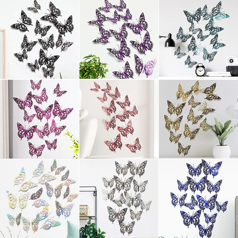 Autocollants Muraux Papillon 3D Creux Papier Perlé Texture Métallique DIY Auto Adhésif Décoration Murale Art Amovible