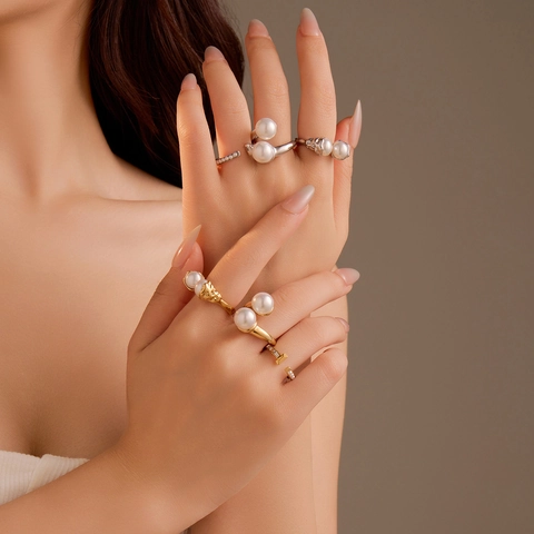 Mode Roestvrij Stalen Open Ring Voor Vrouwen Kunstparel Strass Ingelegd Verstelbare Geometrische Sieraden Ring Accessoire