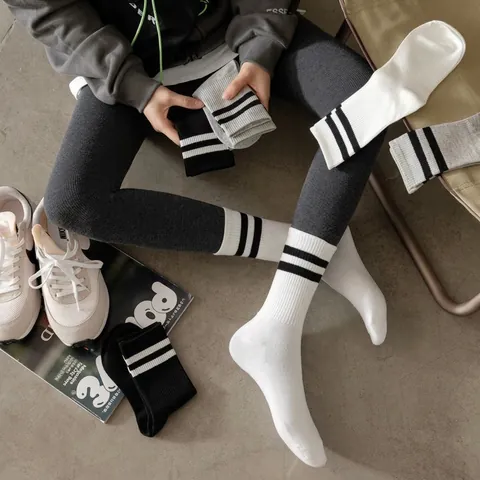 Crew Socks Cotton Blend Double Stripe Mid Calf Sporty Casual Breathable Elastic For Women