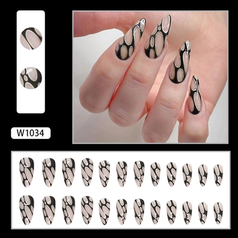Unghie Finte Stiletto Resina Nero Nudo Motivo Bolle Astratte Linea Dorata Spicy Girl Stile Y2K Per Donne