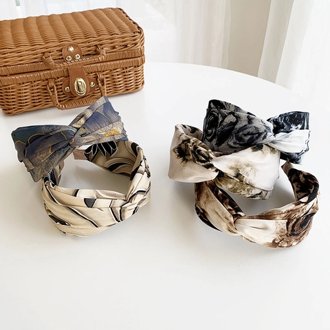 Cerchietto Largo Con Stampa Pittura Ad Olio Vintage Per Donna Nodo Incrociato Fascia In Tessuto Retro Copricapo Elegante