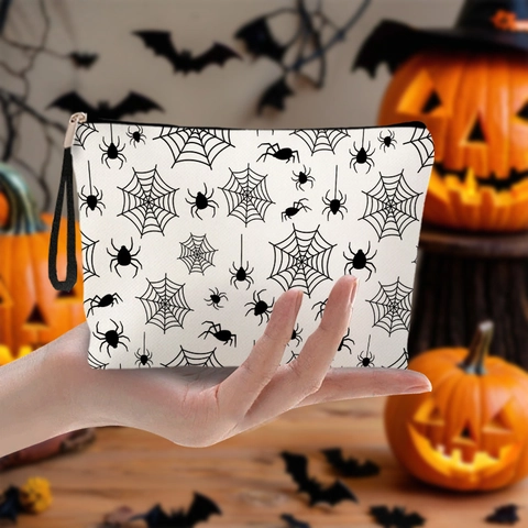 Halloween Makeup Bag Fine Linen Toiletry Pouch Spider Web Print Travel Organizer Zipper Handheld Wrist Strap Gothic