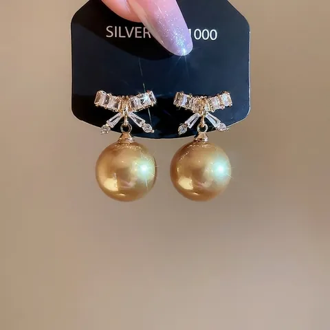 Pendientes Colgantes Lazo Aleación Zirconia Perla Artificial Champán Dorada Con Poste De Plata Esterlina 925 Elegante Mujer