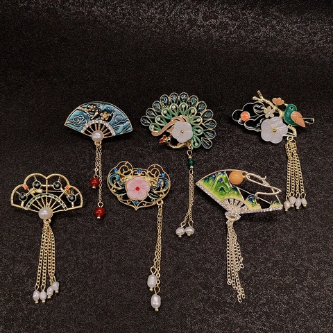Spilla Stile Cinese Vintage Lega Di Zinco Smalto Perla Artificial Nappa Ventaglio Pipa Fiore Gioielli Per Donne Accessorio Hanfu