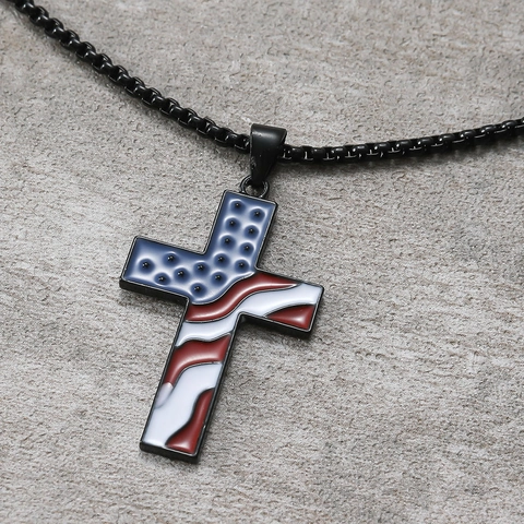Collana Con Pendente A Croce Bandiera USA Lega Smalto Giorno Dell'Indipendenza Gioielli Hip Hop Per Uomo Donna
